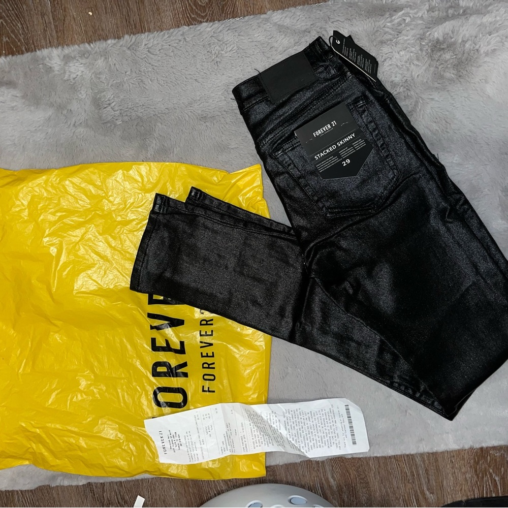Leather Denim Black Stacked Skinny Pants